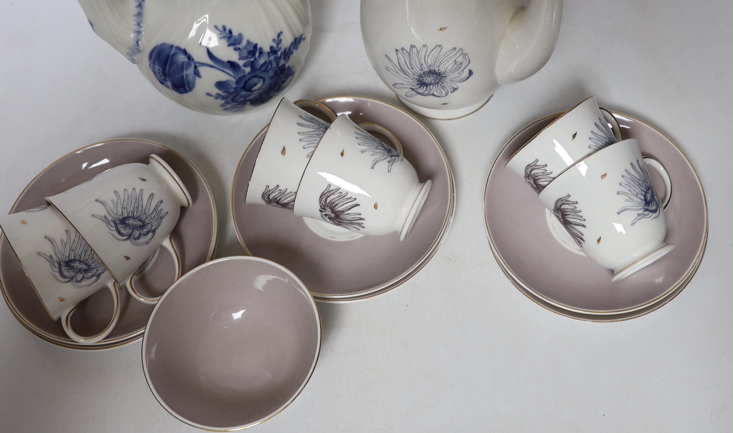 A Royal Copenhagen blue and white coffee pot and cover and a Susie Cooper Marguerite pattern part coffee service